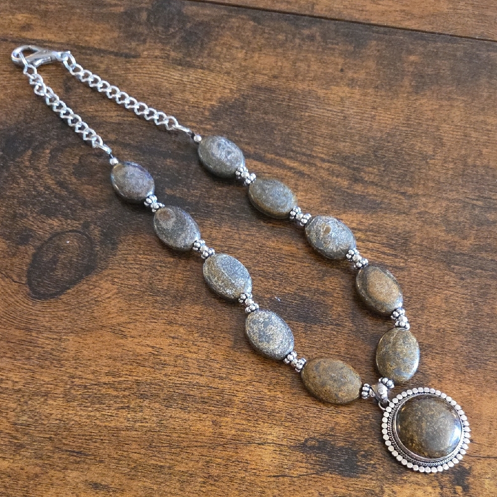 925 Silver Bronzite Beaded Necklace and Pendant